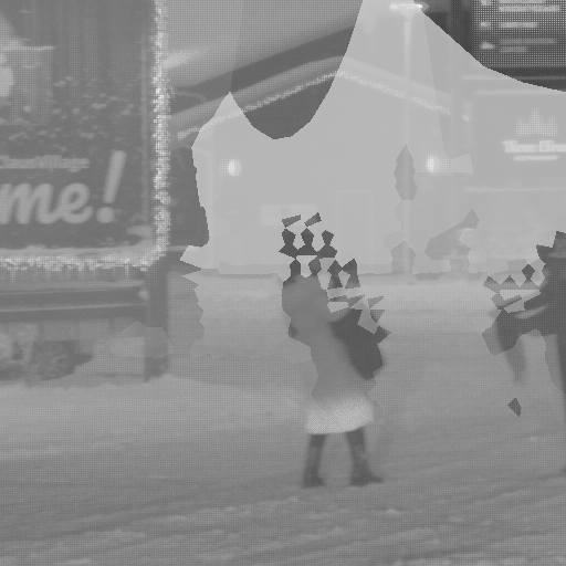 Foggy NIR-gated frame of a snowy street at night