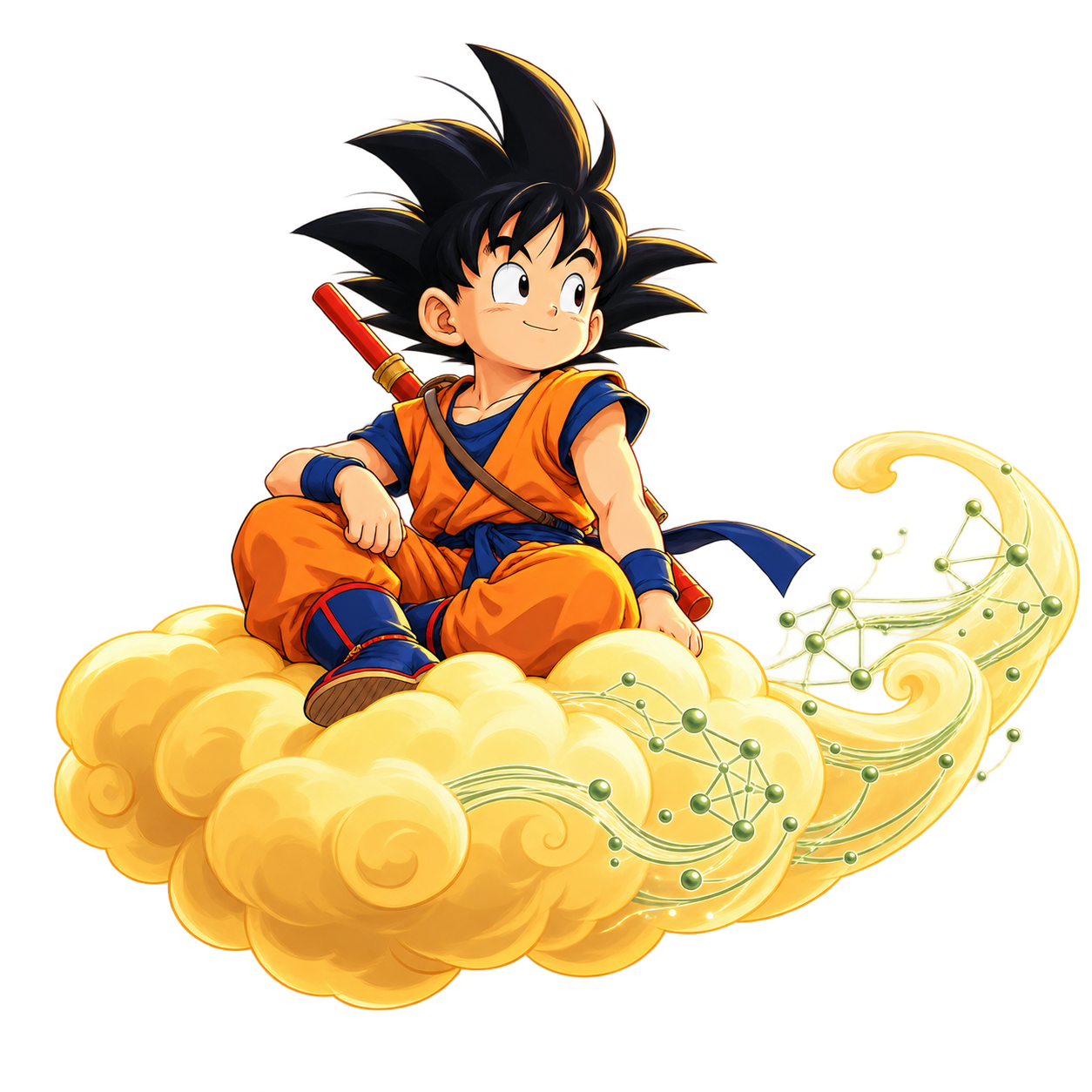 Custom illustration of Goku on Nimbus, with neural-network motifs flowing through the cloud