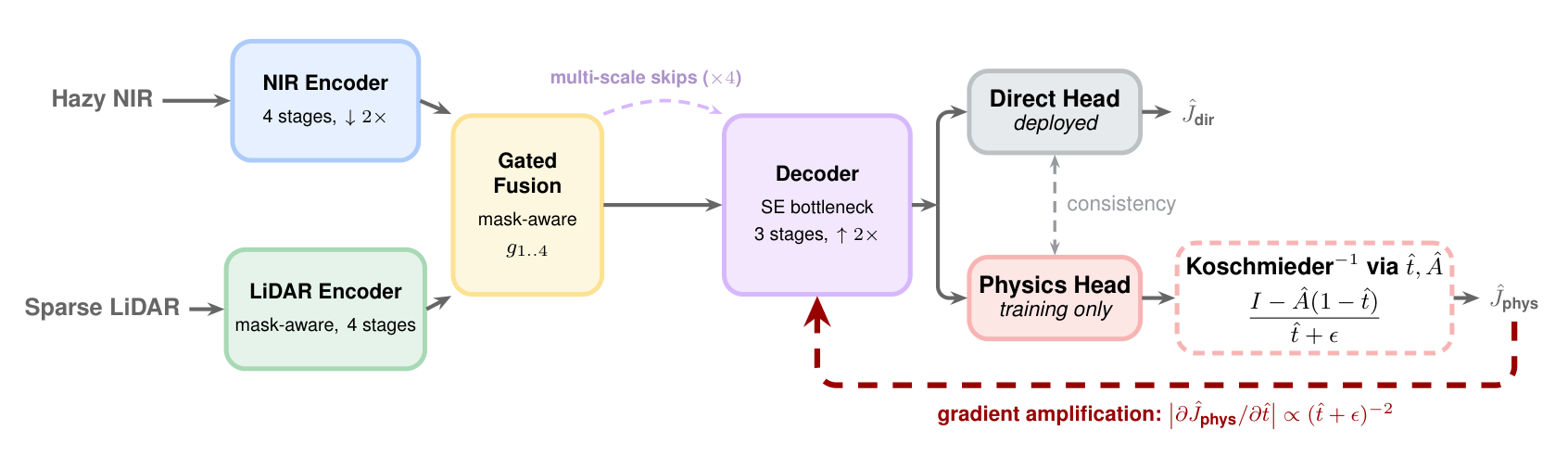 Dual NIR and LiDAR encoders, mask-aware fusion, a deployed direct head, and a training-only physics head